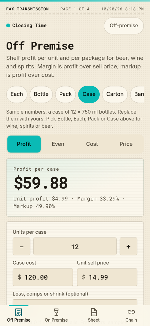 Off Premise screen showing sample case profit, unit profit, margin and markup for a case of 12 wine bottles
