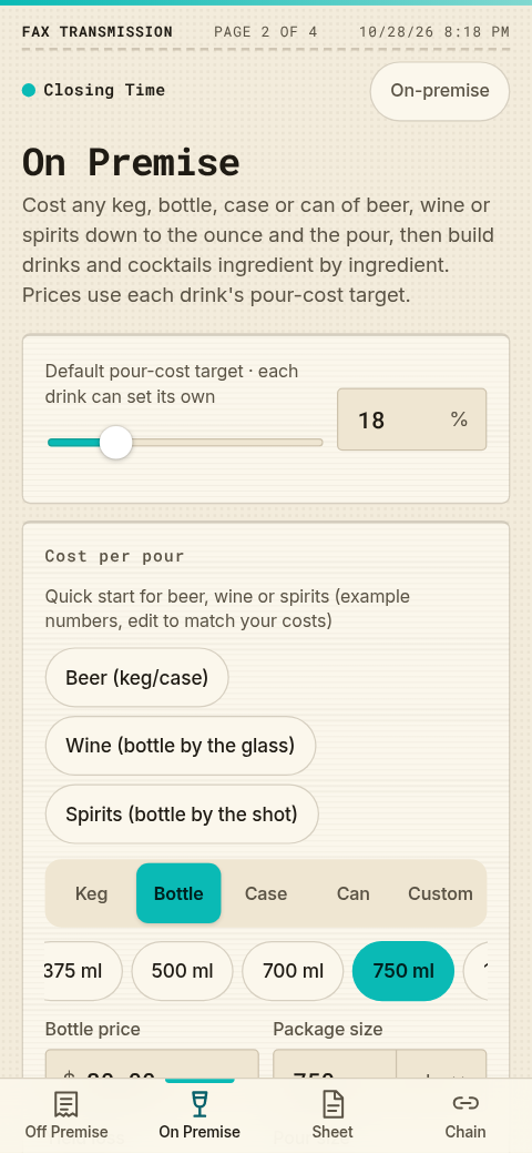 On Premise screen showing wine by the glass: sample cost per 5 oz pour and glasses per 750 ml bottle