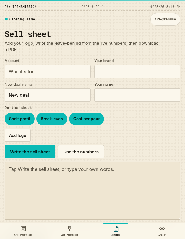 Sell sheet screen: add a logo, pick the numbers to include and write the leave-behind